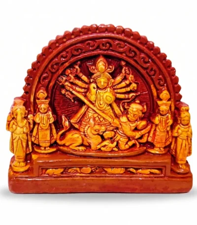 Premium handcrafted Terracotta Goddess Maa Durga idol on a white background, showcasing intricate clay work from Krishnanagar by upahar18.