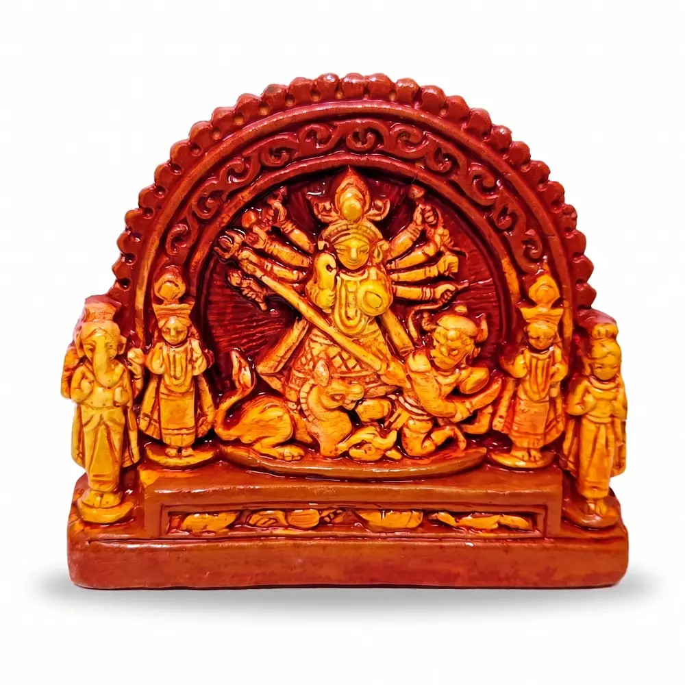 Premium handcrafted Terracotta Goddess Maa Durga idol on a white background, showcasing intricate clay work from Krishnanagar by upahar18.