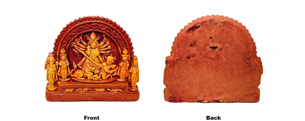 Front and back view of upahar18 Terracotta Maa Durga idol showing the solid design, premium clay finishing, and hanging groove made in Krishnanagar.