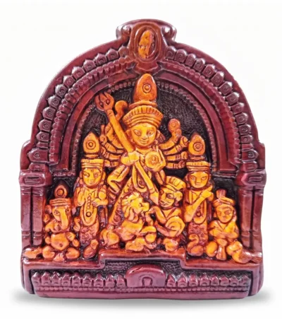 High-resolution front shot of upahar18 premium Terracotta Goddess Maa Durga Devi idol showcasing artistic clay framework from Krishnanagar on a white background.