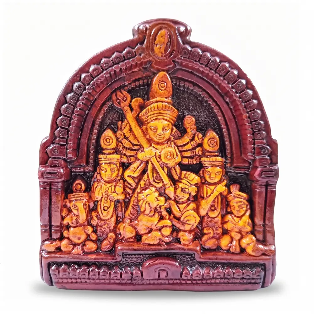 High-resolution front shot of upahar18 premium Terracotta Goddess Maa Durga Devi idol showcasing artistic clay framework from Krishnanagar on a white background.