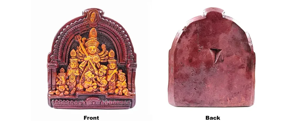 Comprehensive front and back view of upahar18 Terracotta Maa Durga sculpture from Krishnanagar, highlighting the solid structure and integrated wall hanging bracket.