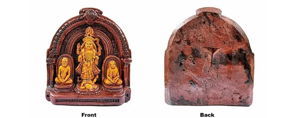 Front and back product view of upahar18 Krishnanagar Terracotta Maa Kali temple panel showing the flat reverse side and built-in wall-hanging groove.