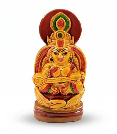 Authentic upahar18 handcrafted Terracotta Maa Saraswati idol seated on a swan, created by premium clay artisans of Krishnanagar.