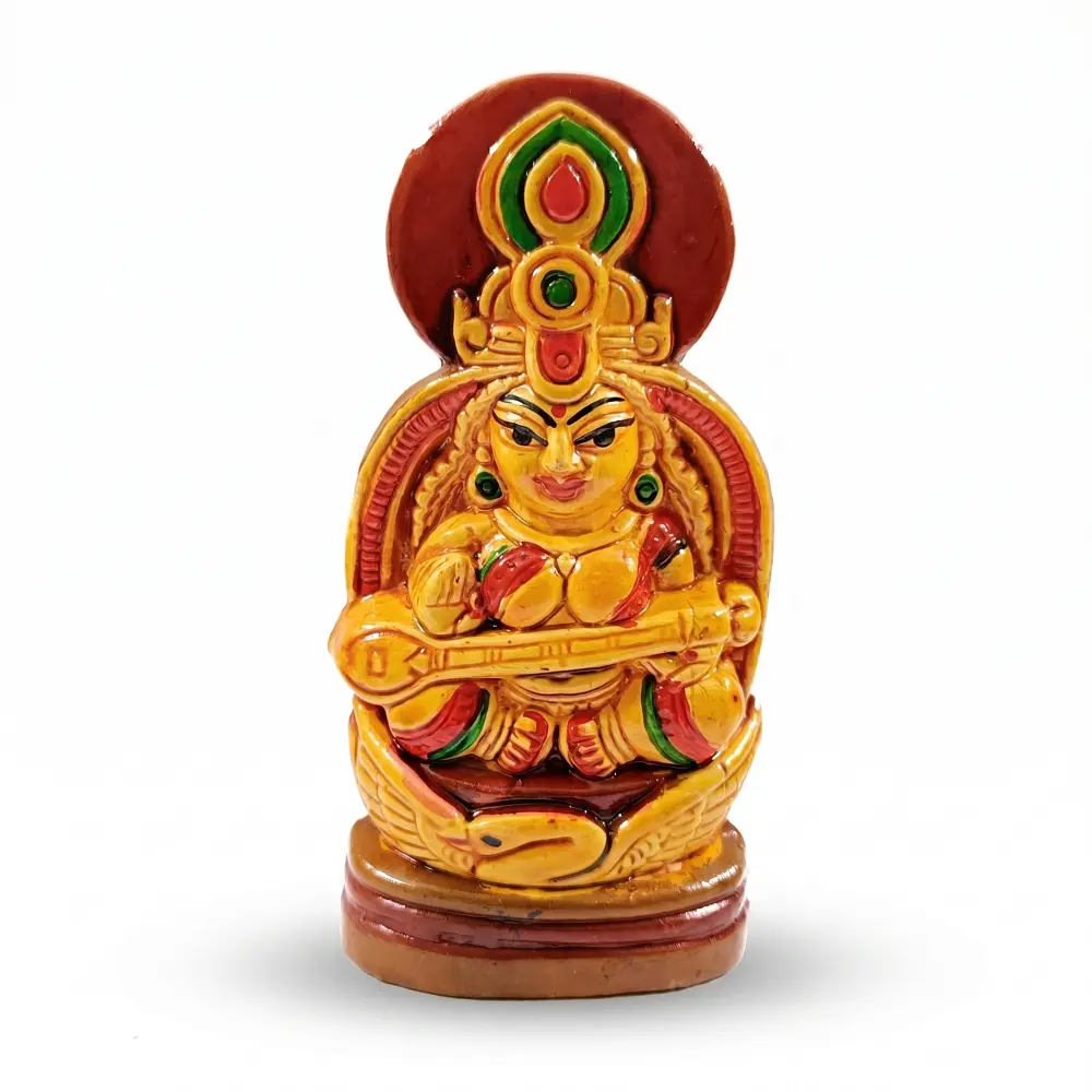 Authentic upahar18 handcrafted Terracotta Maa Saraswati idol seated on a swan, created by premium clay artisans of Krishnanagar.