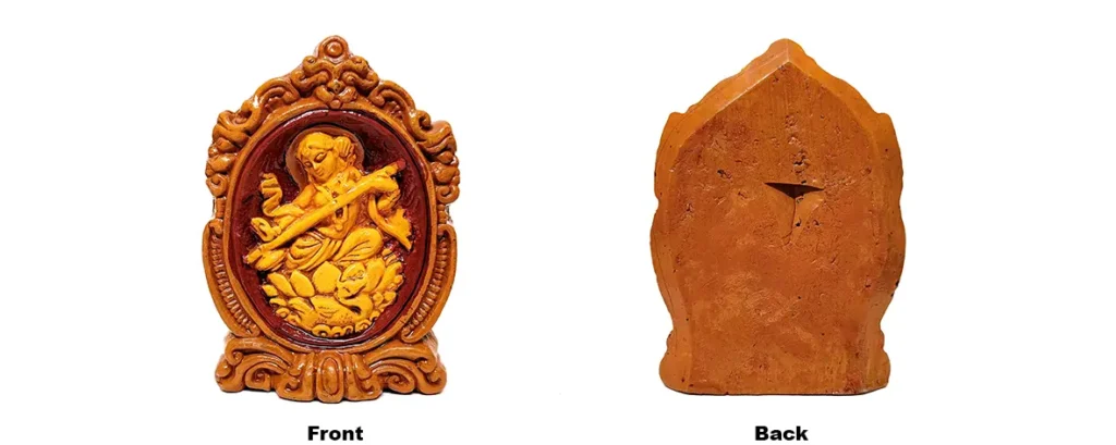 Front and back view of upahar18 Terracotta Maa Saraswati frame panel showing the solid reverse side and an integrated triangular slot for wall hanging, made in Krishnanagar.