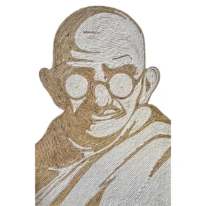 A realistic rope craft portrait of Mahatma Gandhi featuring his iconic round spectacles and traditional shawl drapes, handmade with intricate brown jute and white fibers.