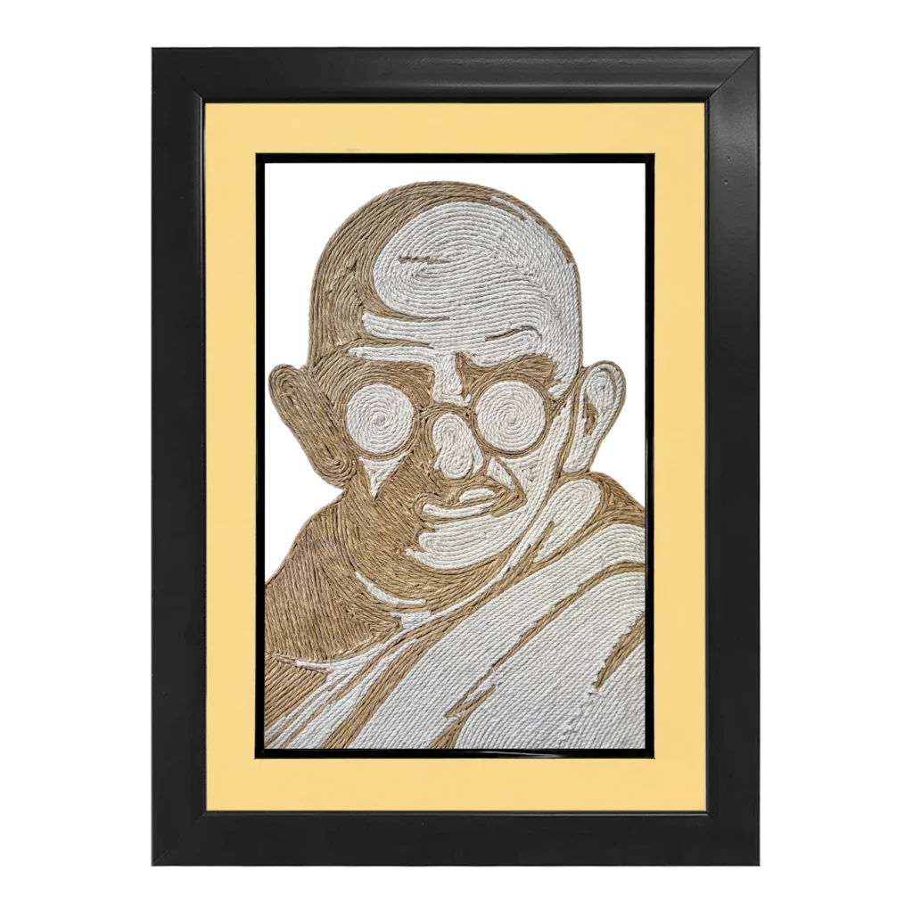 Upahar18 Mahatma Gandhi Rope Craft Portrait Frame featuring a premium double border with a cream inner mount layer and a bold black outer frame.