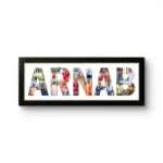A personalized black rectangular Upahar18 NAME Photo Frame featuring a high-quality custom print where the name ARNAB is prominently spelled out in bold letters filled with a collage of multiple photos of a man, set against a solid white background.