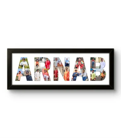 A personalized black rectangular Upahar18 NAME Photo Frame featuring a high-quality custom print where the name ARNAB is prominently spelled out in bold letters filled with a collage of multiple photos of a man, set against a solid white background.