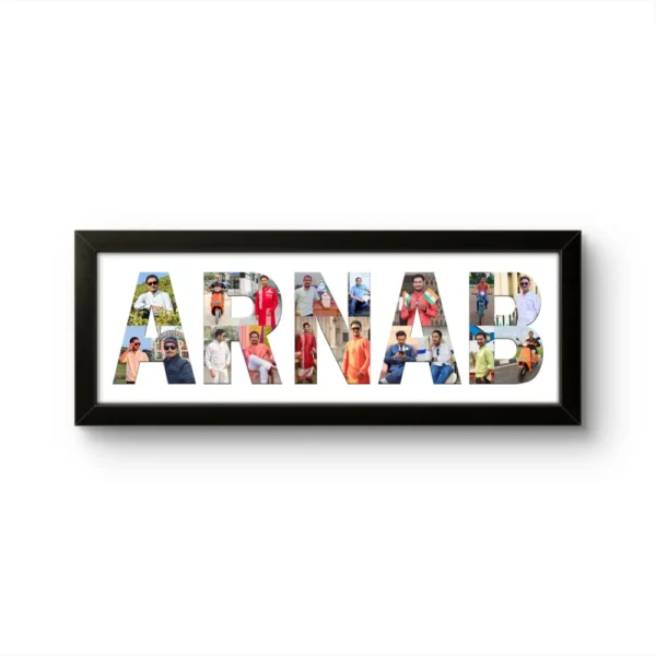 A personalized black rectangular Upahar18 NAME Photo Frame featuring a high-quality custom print where the name ARNAB is prominently spelled out in bold letters filled with a collage of multiple photos of a man, set against a solid white background.