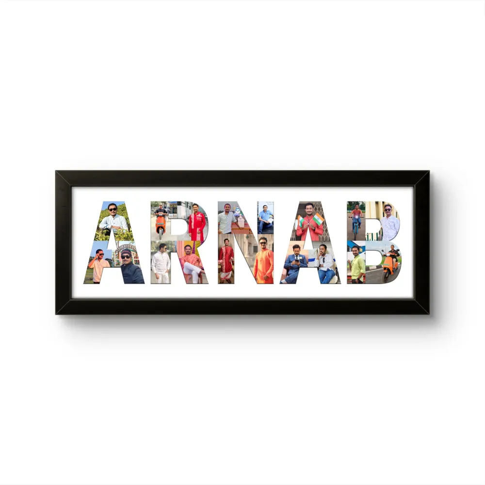 A personalized black rectangular Upahar18 NAME Photo Frame featuring a high-quality custom print where the name ARNAB is prominently spelled out in bold letters filled with a collage of multiple photos of a man, set against a solid white background.