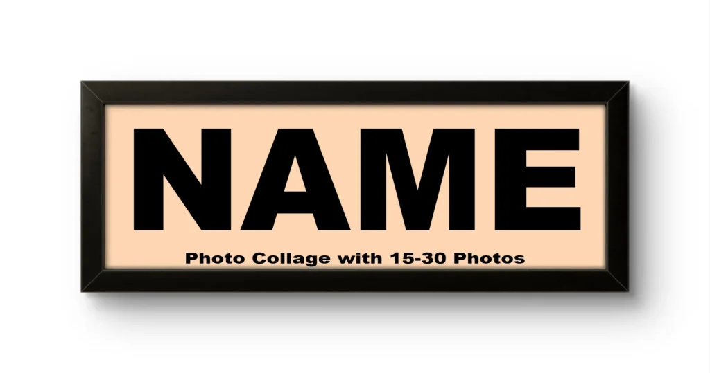 A rectangular black Upahar18 NAME Photo Frame showing a customizable layout template with a soft peach-colored rectangle containing the bold black text NAME, alongside a placeholder that reads Photo Collage with 15-30 Photos against a plain white background.
