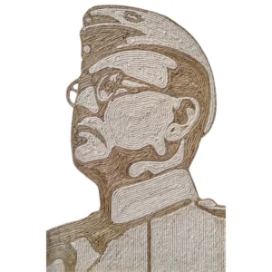 A side-profile rope craft portrait of freedom fighter Netaji Subhas Chandra Bose wearing his INA military cap and spectacles, handmade with premium jute and white ropes.