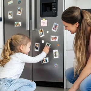 A happy mother with long brown hair smiling at her young daughter with a blonde ponytail who is sitting on the floor and placing rectangular clear acrylic magnetic photo frames onto a large grey double-door refrigerator. The fridge door is decorated with multiple personalized family photos inside clear acrylic frames, along with cute cartoon magnets and a pink sticky note that says Love you by upahar18.