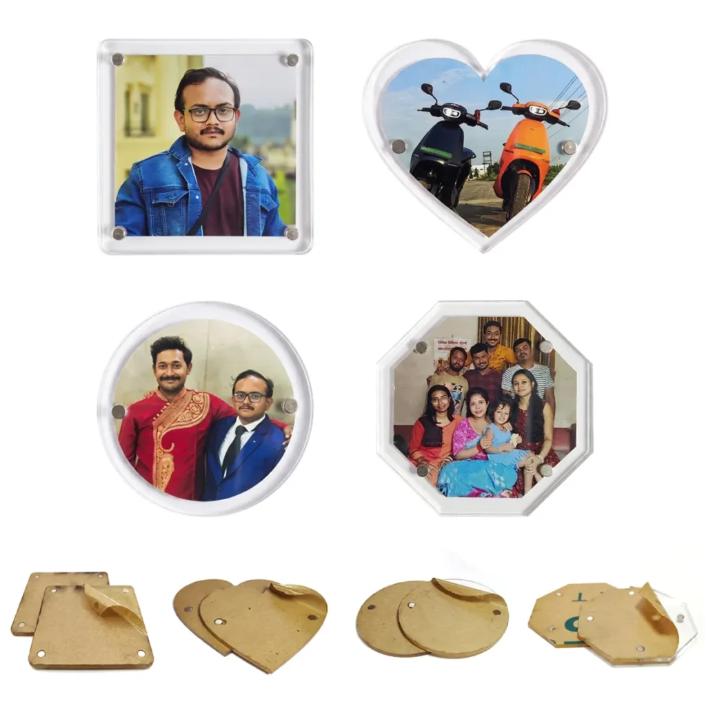 Acrylic Fridge Magnets Multi-Shape Combo (Set of 4 Pieces) Detailed Alt Text: A product display on a plain white background showing a combo set of four different shaped transparent acrylic magnetic photo frames, arranged in a grid, including a square frame with a man in a denim jacket, a heart frame with two electric scooters, a round frame with two men in traditional and formal wear, and an octagon frame with a family group photo. Directly below each assembled frame, their respective matching unpeeled brown protective kraft paper layers and extra clear panels are displayed by upahar18.