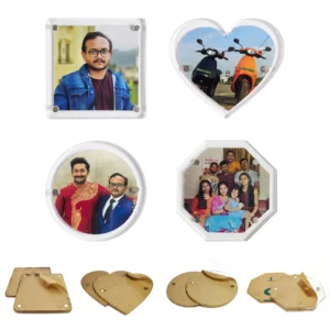 Acrylic Fridge Magnets Multi-Shape Combo (Set of 4 Pieces) Detailed Alt Text: A product display on a plain white background showing a combo set of four different shaped transparent acrylic magnetic photo frames, arranged in a grid, including a square frame with a man in a denim jacket, a heart frame with two electric scooters, a round frame with two men in traditional and formal wear, and an octagon frame with a family group photo. Directly below each assembled frame, their respective matching unpeeled brown protective kraft paper layers and extra clear panels are displayed by upahar18.