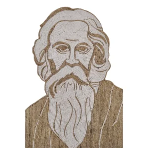 A detailed rope craft portrait of Nobel laureate Rabindranath Tagore featuring his long flowing beard and scholarly robe, crafted using natural brown jute and white fibers.