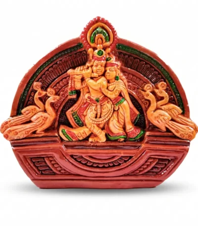 Premium upahar18 handcrafted colored Terracotta Radha Krishna idol with peacock motifs, crafted by traditional clay artisans of Krishnanagar.