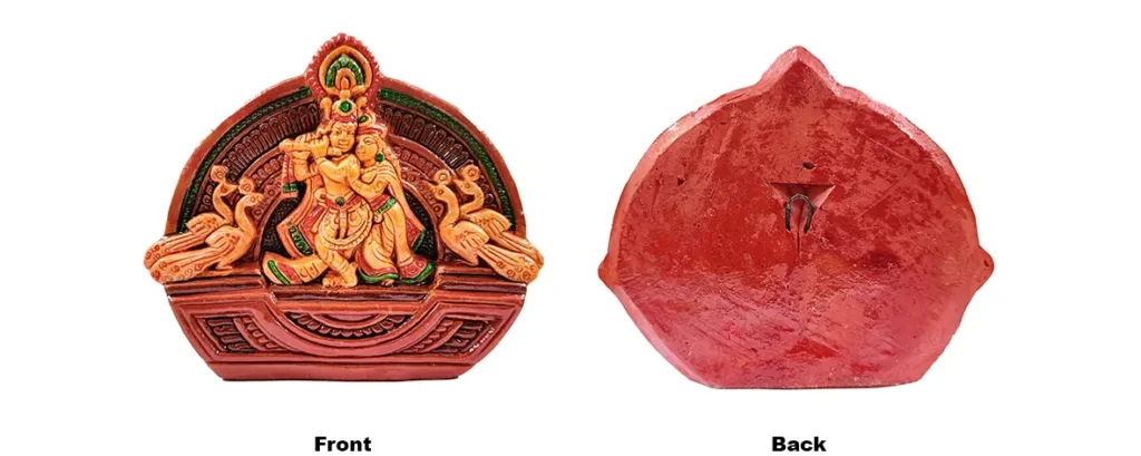Front and back product view of upahar18 Krishnanagar Terracotta Radha Krishna wall panel highlighting the flat reverse structure and strong metal hanging loop.