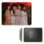 A product layout on a white background showing a landscape rectangle personalized MDF fridge magnet with a custom photo of four women in elegant traditional Indian bridal dresses at a wedding event. Below the photo, a side profile illustrates the wooden edge, and a full back view shows the rectangular black MDF base with a square magnet fixed in the center by upahar18.