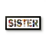 A personalized black rectangular Upahar18 Sister Photo Frame featuring a high-quality custom print where the word SISTER is prominently spelled out in bold letters filled with a collage of multiple photos of a young woman, set against a solid white background.