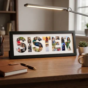 A classic black rectangular Upahar18 Sister Photo Frame with a custom photo collage printed inside the word SISTER, neatly sitting on a wooden study table next to a notebook, pen, and desk lamp.