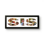 A personalized black rectangular Upahar18 Sister Photo Frame showcasing a high-quality print where the word SIS is designed with a collage of multiple photos of a young woman on a solid white background.