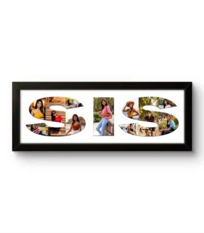 A personalized black rectangular Upahar18 Sister Photo Frame showcasing a high-quality print where the word SIS is designed with a collage of multiple photos of a young woman on a solid white background.