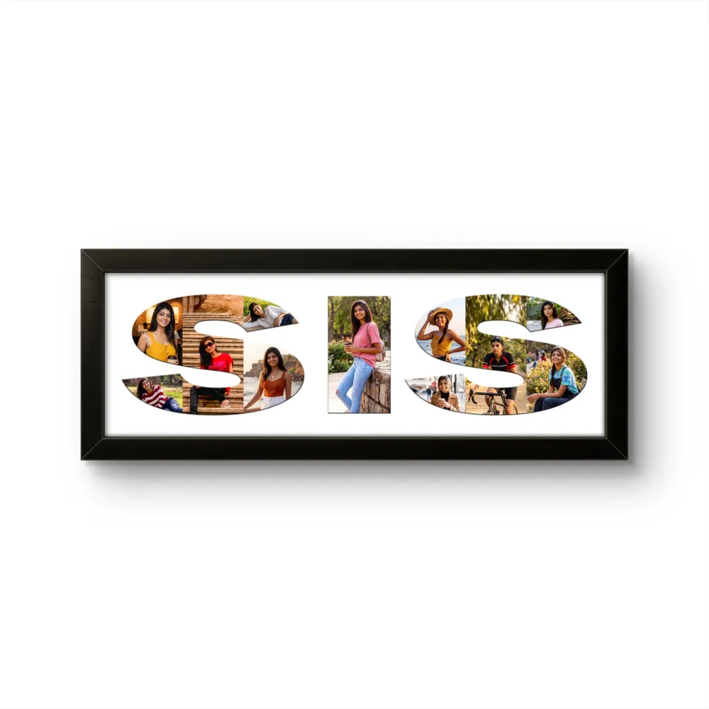A personalized black rectangular Upahar18 Sister Photo Frame showcasing a high-quality print where the word SIS is designed with a collage of multiple photos of a young woman on a solid white background.