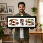 A smiling young man holding a large classic black rectangular Upahar18 Sister Photo Frame displaying a custom-printed photo collage inside the word SIS on a clean white background.