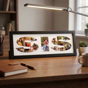 A classic black rectangular Upahar18 Sister Photo Frame with a custom photo collage printed inside the word SIS, neatly sitting on a wooden study table next to a notebook, pen, and desk lamp.