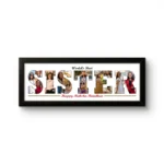 A personalized black rectangular Upahar18 Sister Photo Frame displaying a classic printed layout with the word SISTER filled with a collage of multiple photos, featuring the text World's Best on top and Happy Raksha Bandhan at the bottom on a solid white background.