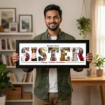 A smiling young man holding a large classic black rectangular Upahar18 Sister Photo Frame featuring a custom-printed photo collage inside the word SISTER with Raksha Bandhan greetings on a solid white background.