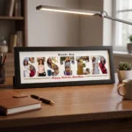A classic black rectangular Upahar18 Sister Photo Frame with a custom photo collage printed inside the word SISTER along with Rakhi text, neatly sitting on a wooden desk next to a pen, notebook, and desk lamp.