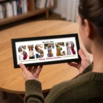 An over-the-shoulder view of a person holding a classic black rectangular Upahar18 Sister Photo Frame showcasing a high-quality print of the word SISTER filled with a custom photo collage and Rakhi greetings, with a wooden table in the background.