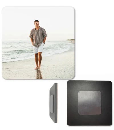 A square personalized MDF photo fridge magnet shown from three viewpoints against a white backdrop. The front square depicts a customized photo of a man walking on a sandy beach, the side view shows the clean layered wood thickness, and the back profile shows a dark square wooden board mounted with a flat metallic magnetic sheet by upahar18.
