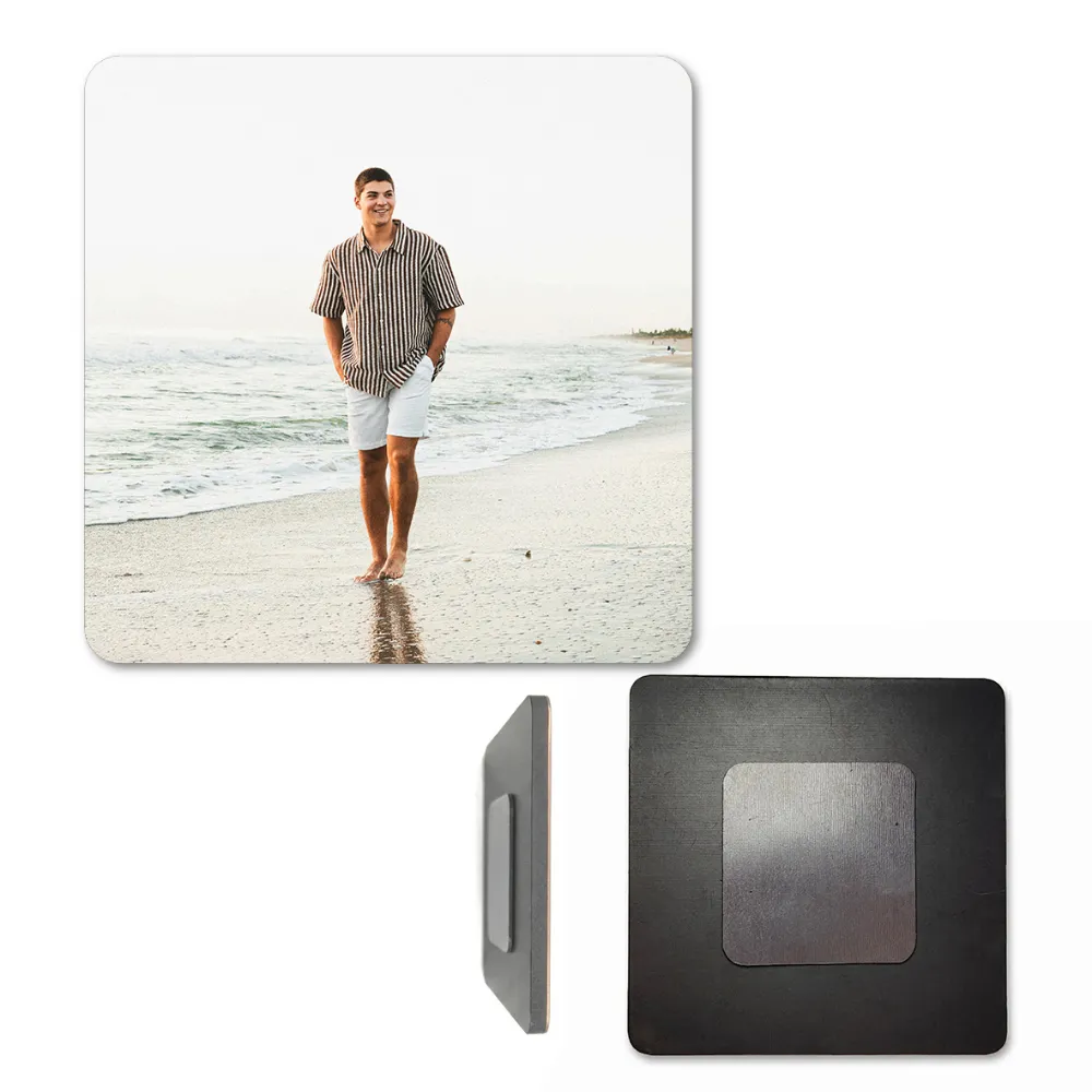 A square personalized MDF photo fridge magnet shown from three viewpoints against a white backdrop. The front square depicts a customized photo of a man walking on a sandy beach, the side view shows the clean layered wood thickness, and the back profile shows a dark square wooden board mounted with a flat metallic magnetic sheet by upahar18.