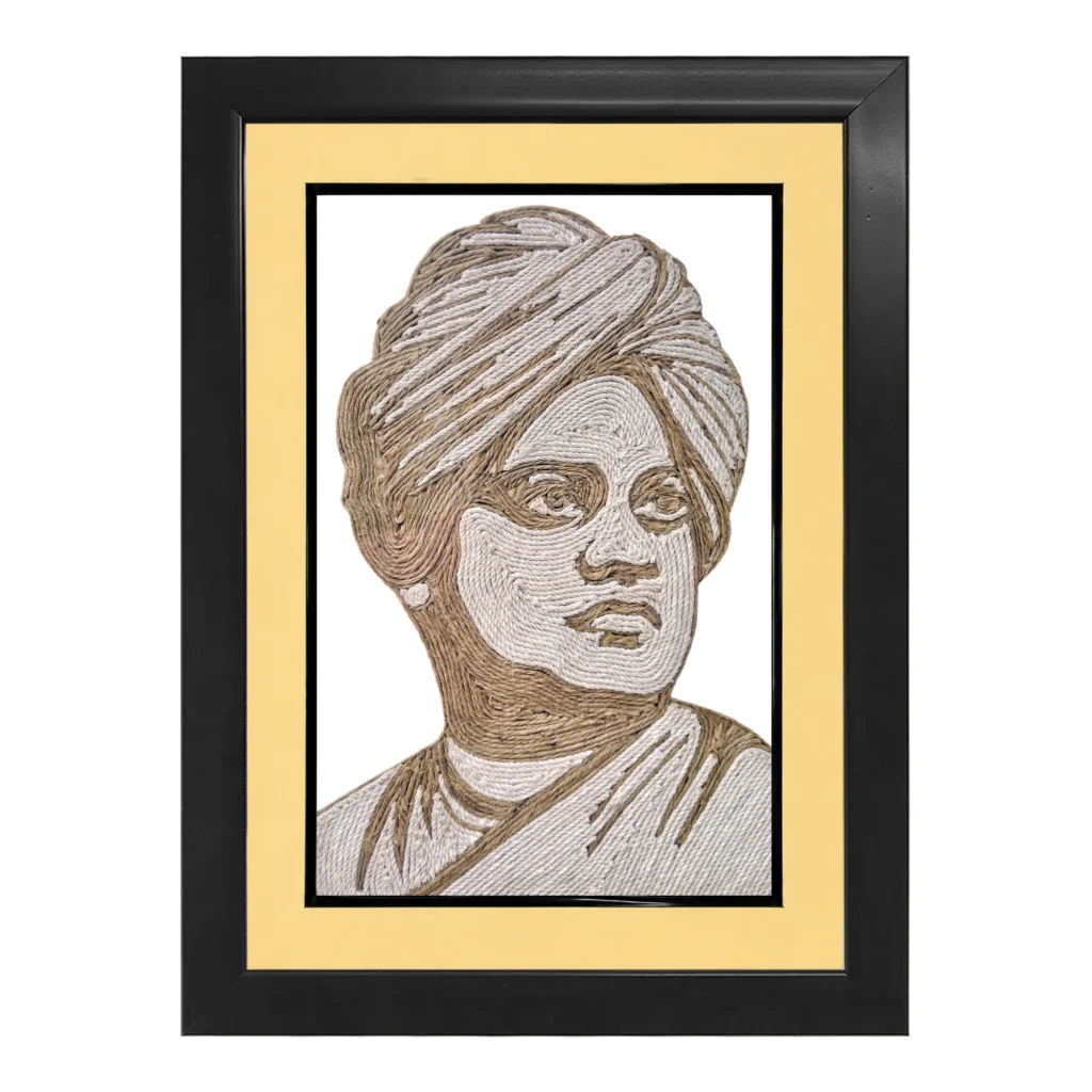 Upahar18 Swami Vivekananda Rope Craft Portrait Frame featuring a luxury double border consisting of a cream inner mount and a solid black outer frame.