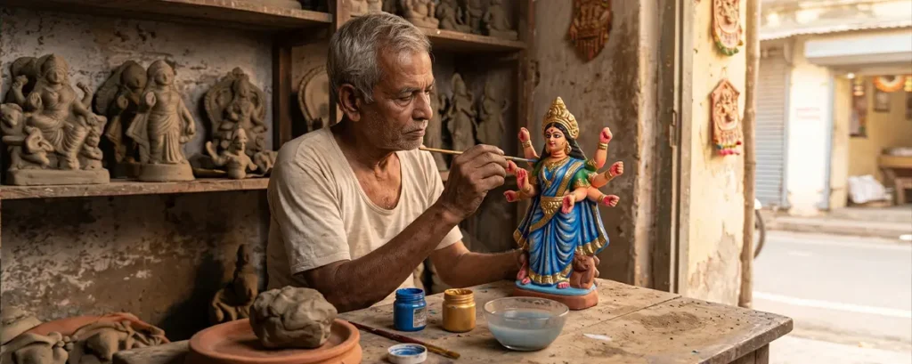 An elderly Indian artisan carefully painting a colorful clay idol of Goddess Durga inside his rustic workshop, surrounded by unfinished clay sculptures on wooden shelves.