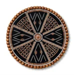 Front studio shot of Wooden Bead and Natural Seed Mandala Handcrafted Round Wall Decor on a plain white background showing geometric pattern on black rope.