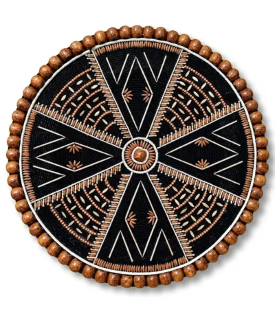 Front studio shot of Wooden Bead and Natural Seed Mandala Handcrafted Round Wall Decor on a plain white background showing geometric pattern on black rope.