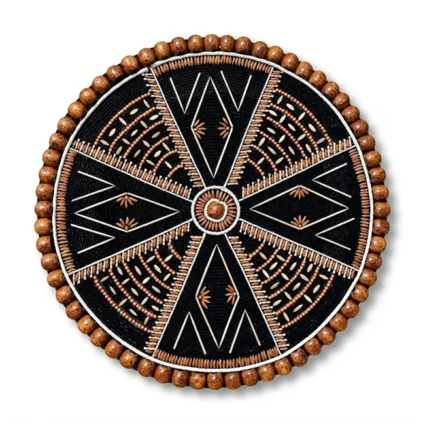 Front studio shot of Wooden Bead and Natural Seed Mandala Handcrafted Round Wall Decor on a plain white background showing geometric pattern on black rope.