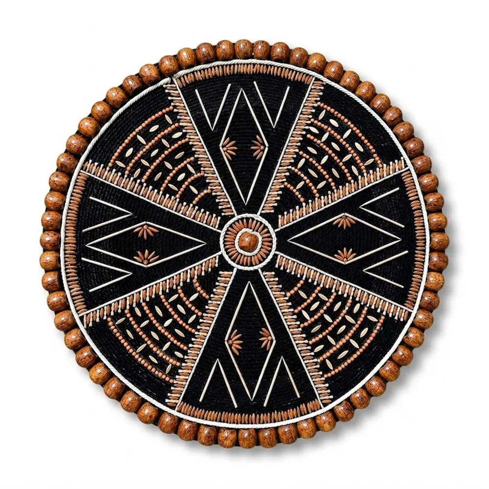 Front studio shot of Wooden Bead and Natural Seed Mandala Handcrafted Round Wall Decor on a plain white background showing geometric pattern on black rope.