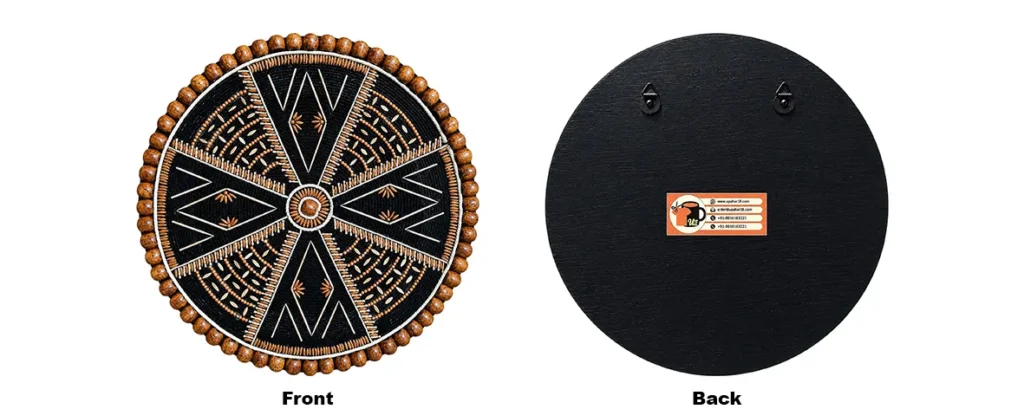 Front and back view of the Wooden Bead and Natural Seed Mandala Wall Hanging featuring heavy-duty hanging brackets and Upahar18 branding sticker.