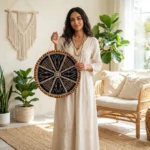 A woman holding the large Wooden Bead and Natural Seed Mandala Handcrafted Round Wall Decor to demonstrate its size and premium scale.