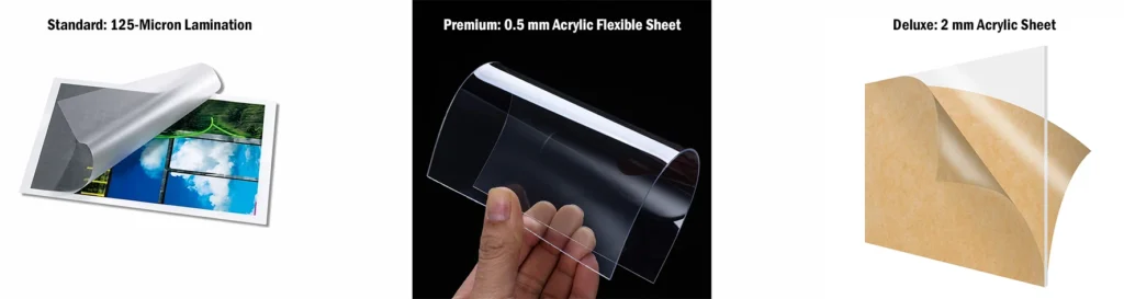 Three types of photo frame cover materials side-by-side: Standard 125-Micron Lamination being peeled off a photo, Premium 0.5 mm Acrylic Flexible Sheet held by a hand, and Deluxe 2 mm Acrylic Sheet with a protective paper backing.