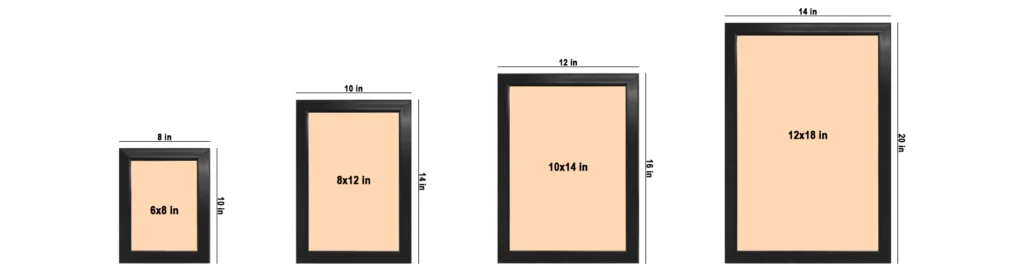 Size chart for classic black wooden photo frames showing four different sizes: 6x8 inches, 8x12 inches, 10x14 inches, and 12x18 inches with total frame dimensions.