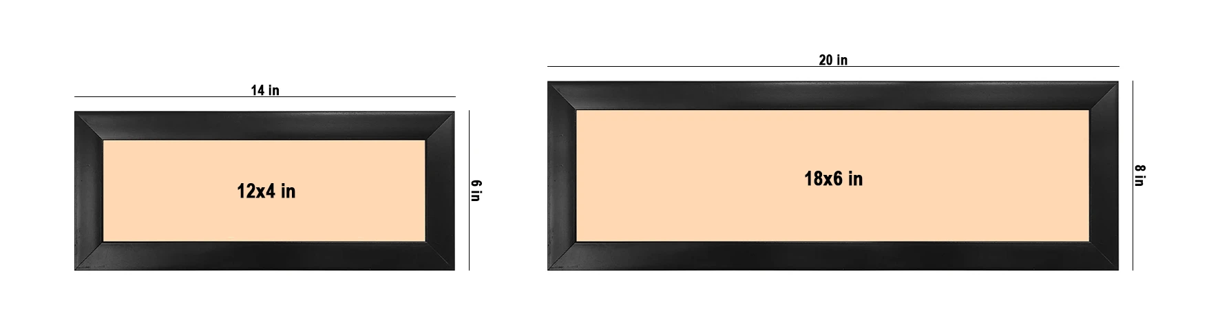 Size chart for wide panoramic classic black wooden photo frames showing two elongated sizes: 12x4 inches and 18x6 inches with total frame dimensions.