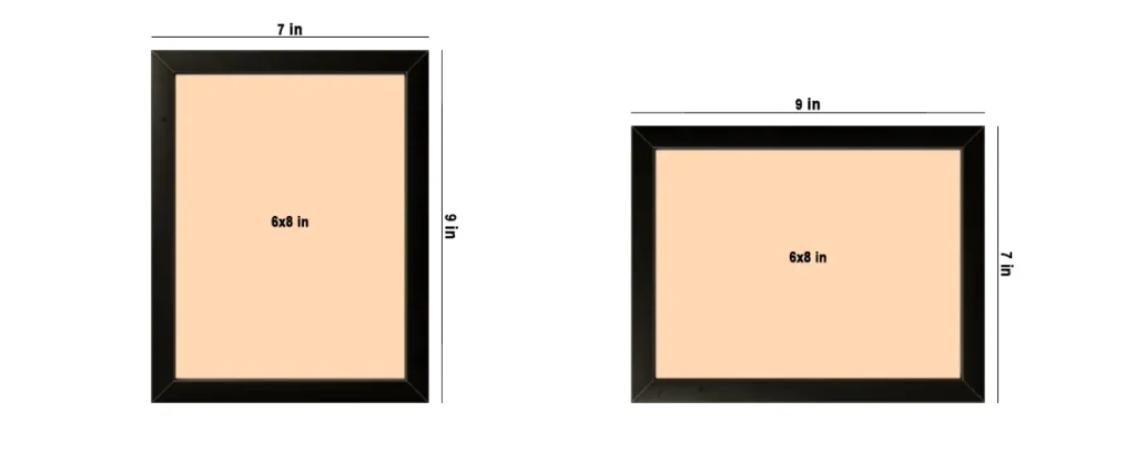Two diagrams of a black wooden classic photo frame showing its dimensions in vertical (portrait) and horizontal (landscape) orientations.